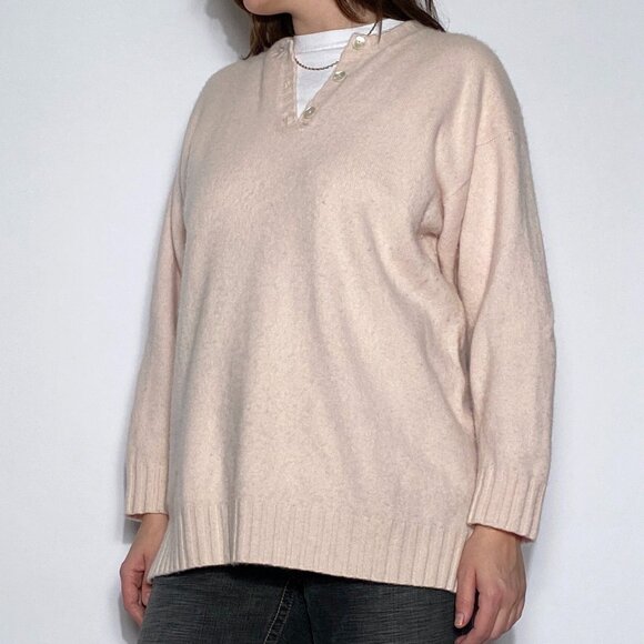 Vintage Made in SCOTLAND Baby Pastel Pink CASHMERE Henley Sweater! Large to XL - Picture 5 of 12